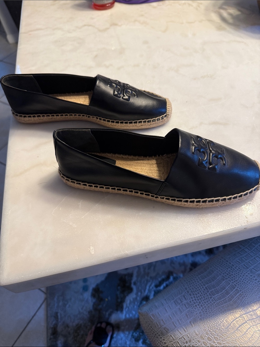 Tory Burch Black Leather Espadrille Slip-Ons with Logo - Picture 4 of 6